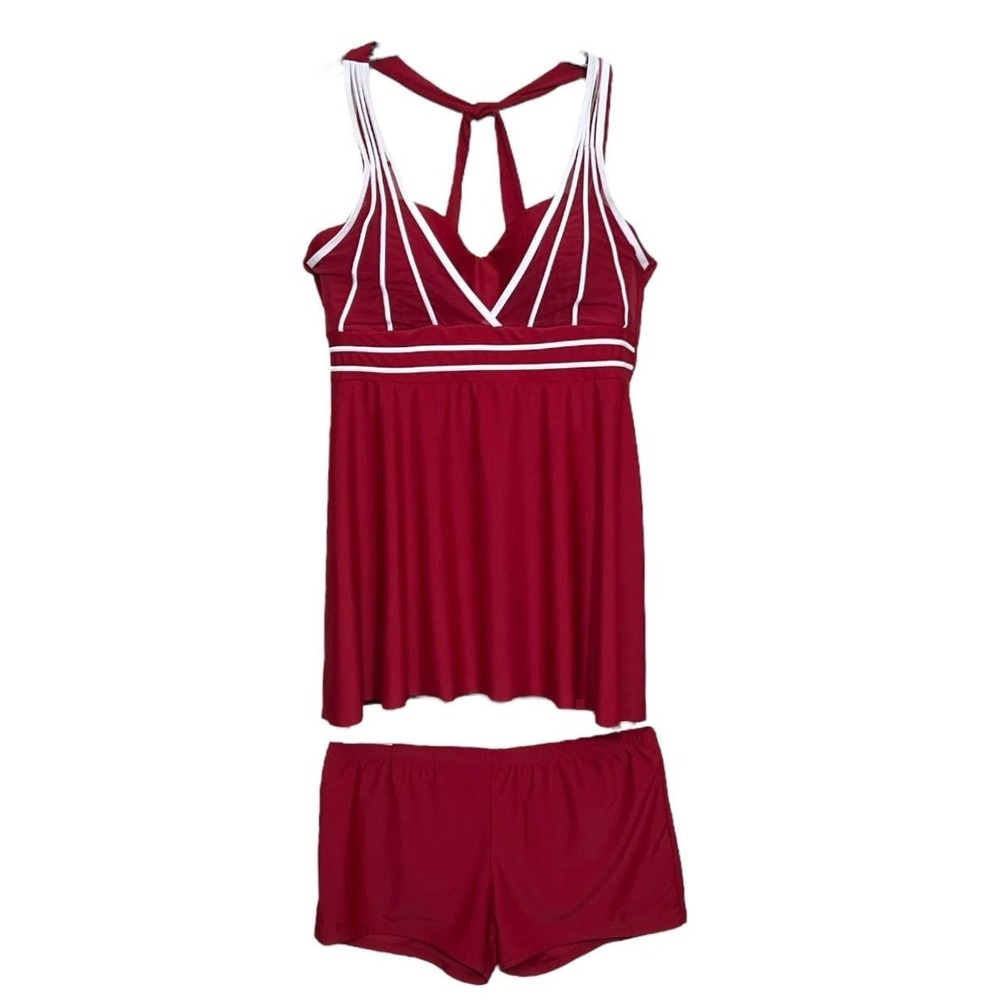 Tankini Swimsuit Womens 2XL Red White Strappy Mesh‎ Swimdress Set Padded Cups